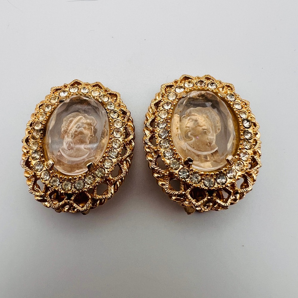 Vintage Gold Tone Intaglio Cameo Rhinestone Clip On Earrings Victorian Style